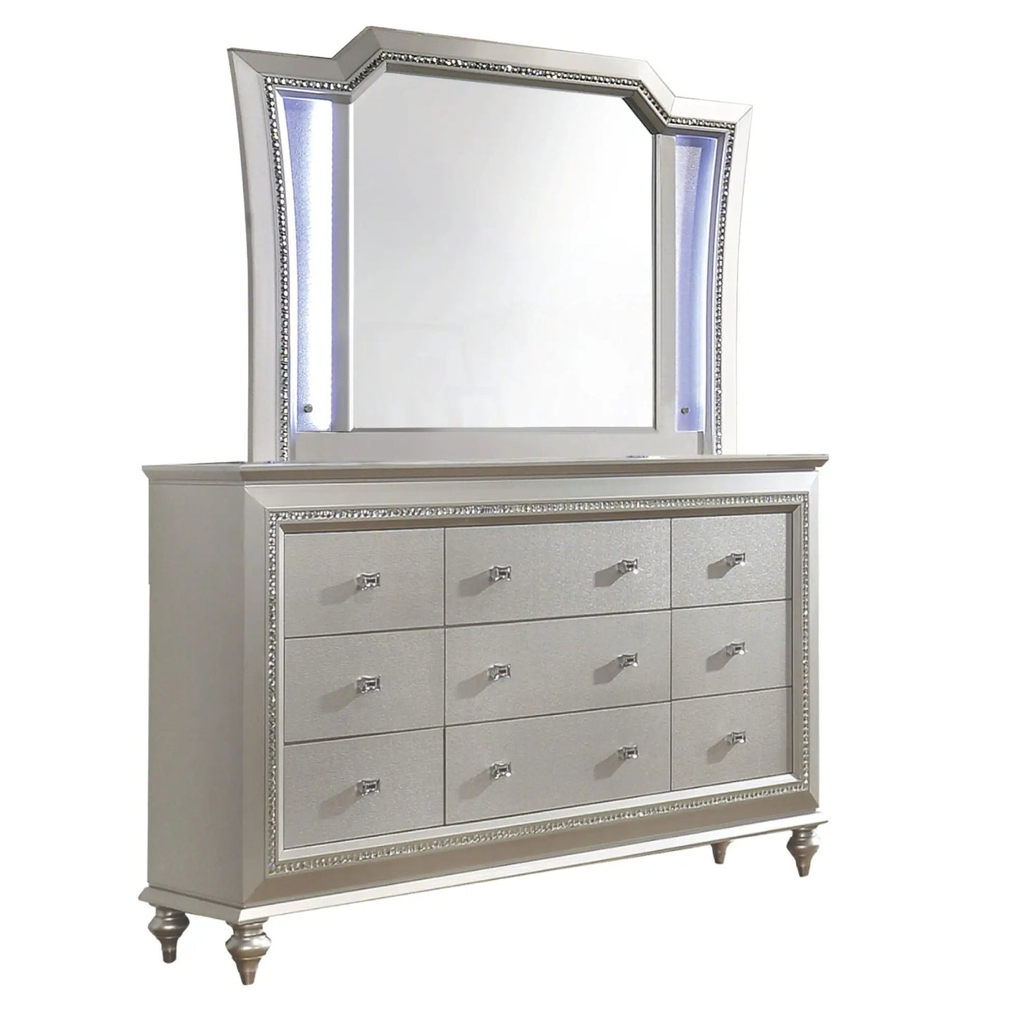 Kaitlyn LED mirror with silver frame and crystal bead trim atop a matching dresser on Tampa Home & Garden Store