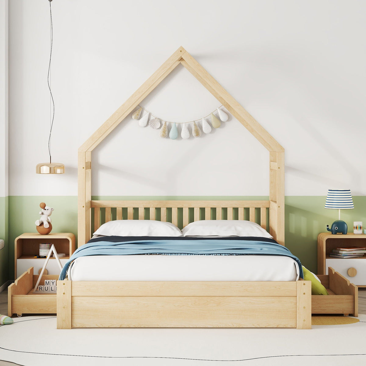 House Style Platform Bed with Guardrail and 2 Drawers in wood, storage bed by HouseOfZazla on Tampa Home & Garden Store