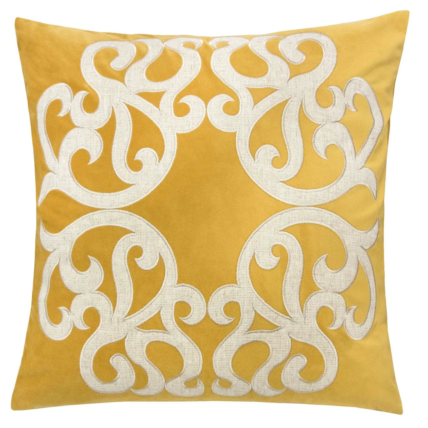Dora Pillow Cover with Matching Back mustard yellow fabric white embroidery on Tampa Home & Garden Store