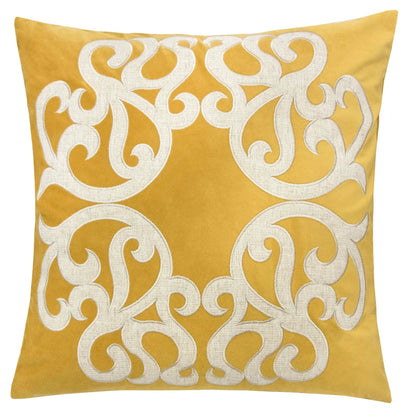 Dora Pillow Cover with Matching Back mustard yellow fabric white embroidery on Tampa Home & Garden Store