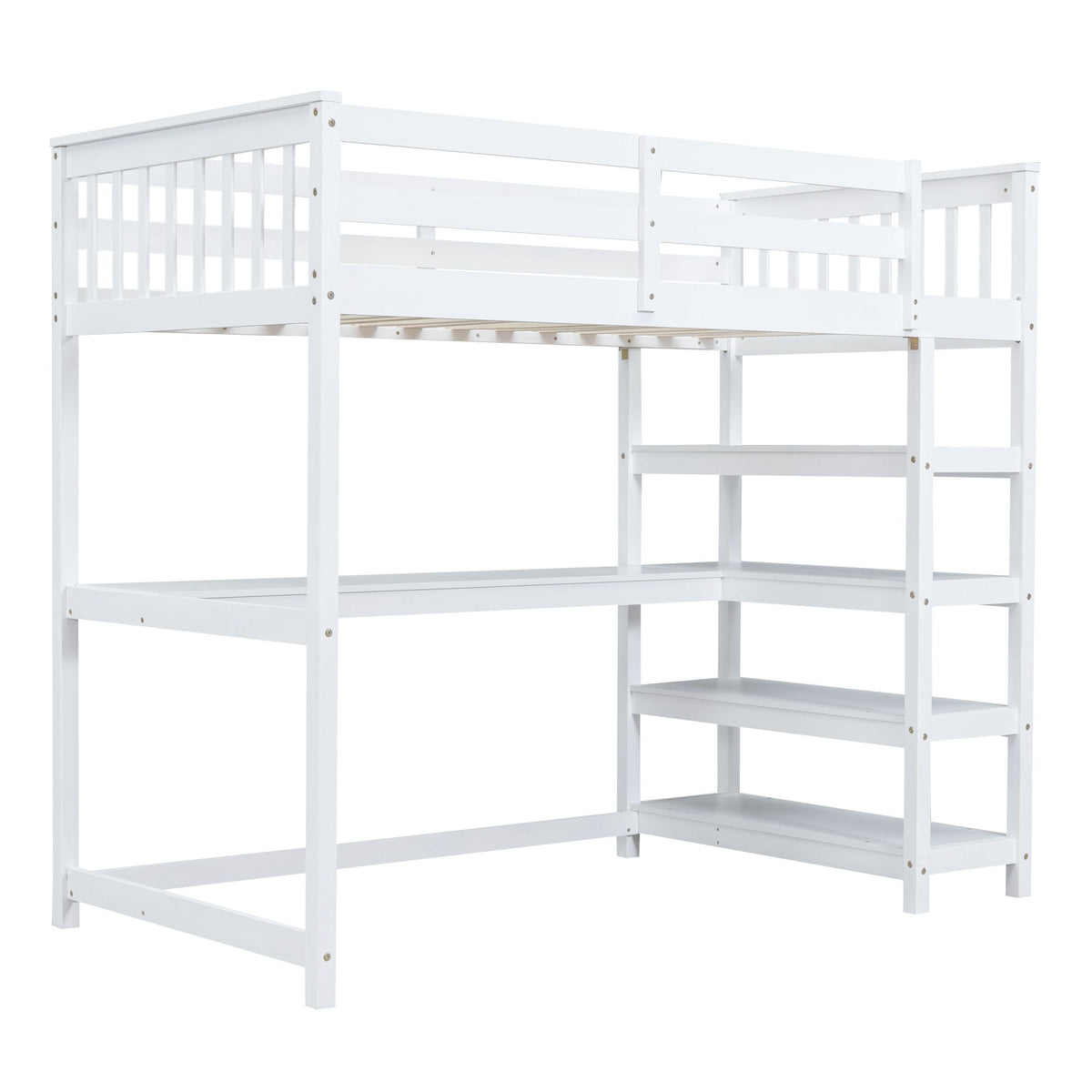 Loft bed with storage shelves and under-bed desk in white wood finish HouseOfZazla on Tampa Home & Garden Store
