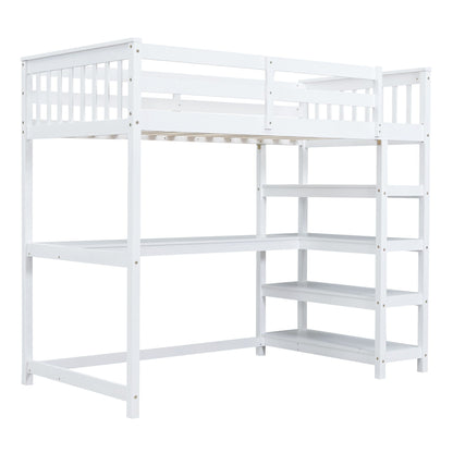 Loft bed with storage shelves and under-bed desk in white wood finish HouseOfZazla on Tampa Home & Garden Store