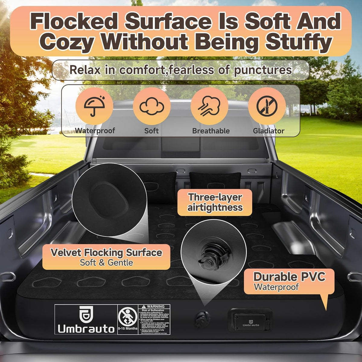Umbrauto 5.5-5.8FT full-size truck bed air mattress black/grey with velvet flocking on Tampa Home & Garden Store