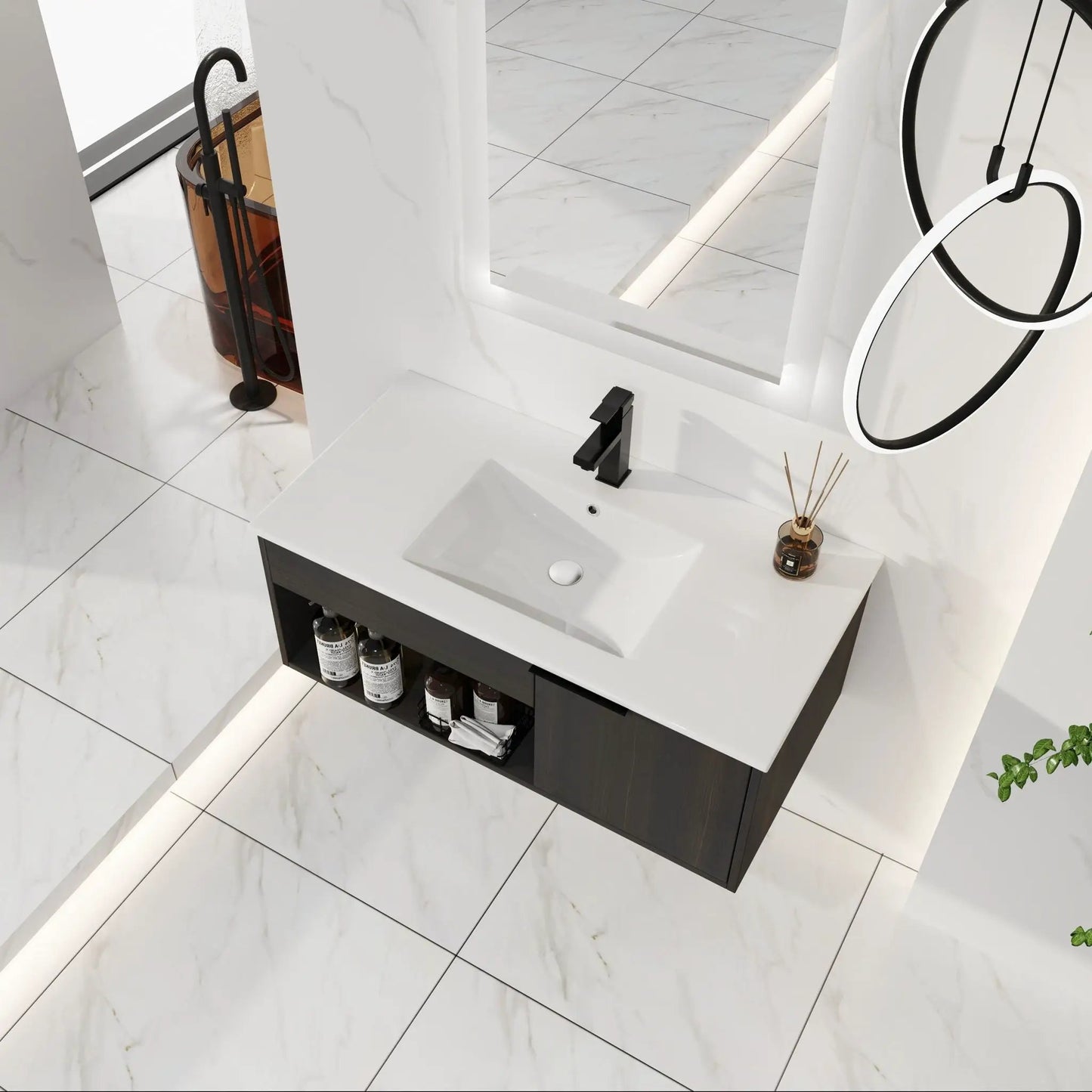 Wall Mounted Floating Vanity With Open Shelf