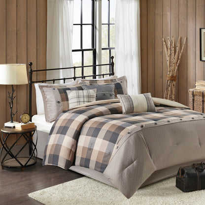 7 Piece Herringbone Comforter Set Neutral Queen by HouseOfZazla; plaid tones with buttoned edges on Tampa Home & Garden Store