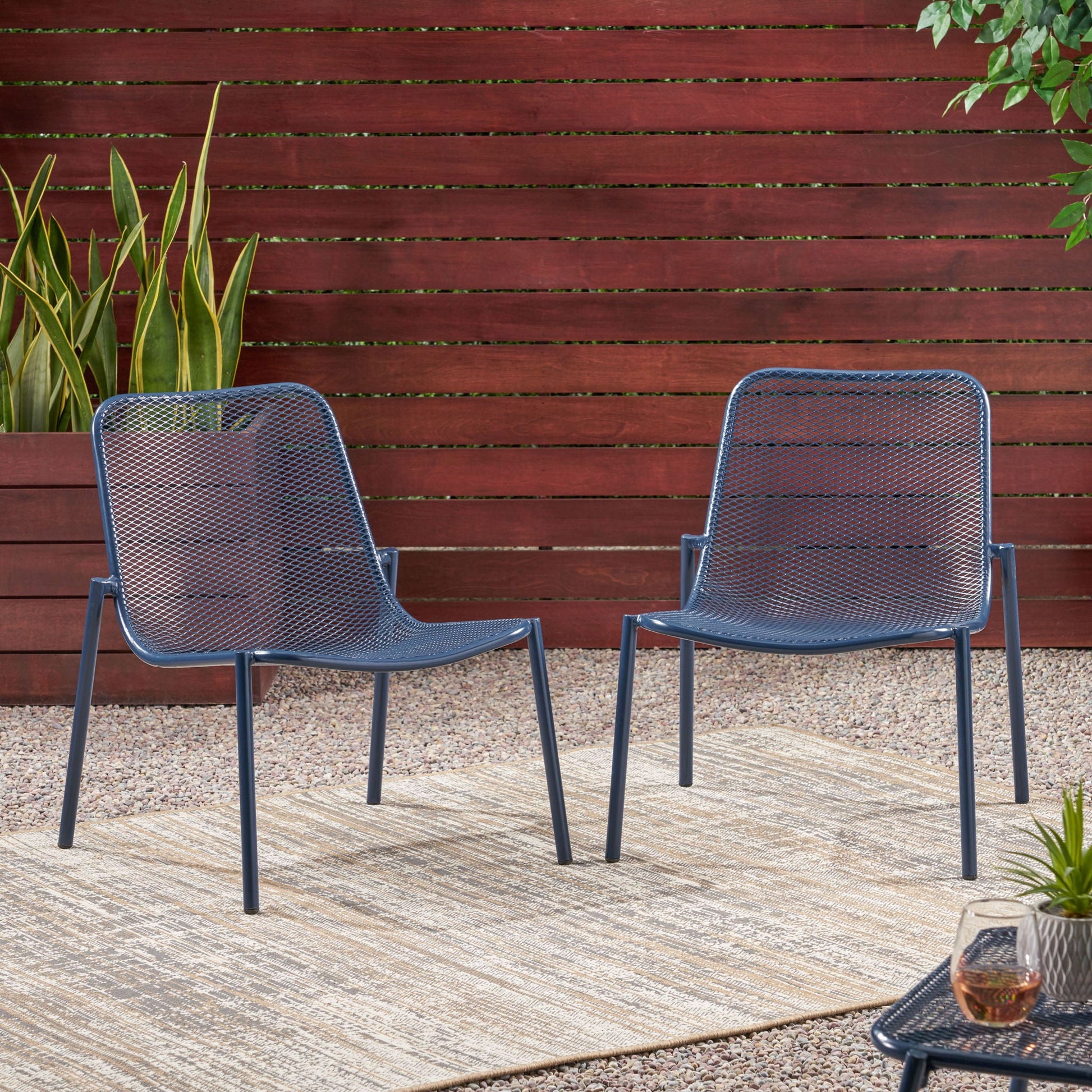 Kincaid Stackable Iron Chairs, blue-gray outdoor armless chairs, 2 shown by HouseOfZazla on Tampa Home & Garden Store