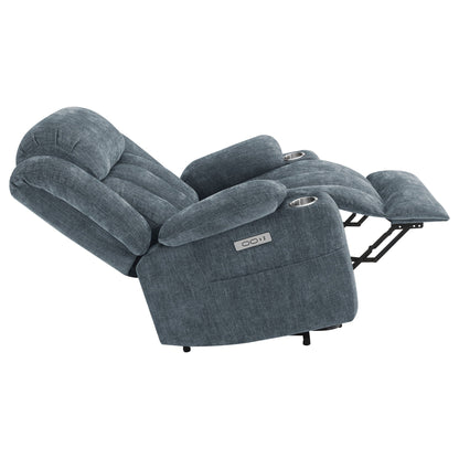 Beca upholstered power lift recliner with cupholders in blue-gray fabric on Tampa Home & Garden Store