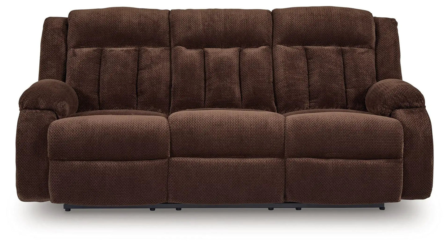 Free Wake reclining power sofa chocolate brown fabric with drop-down table on Tampa Home & Garden Store