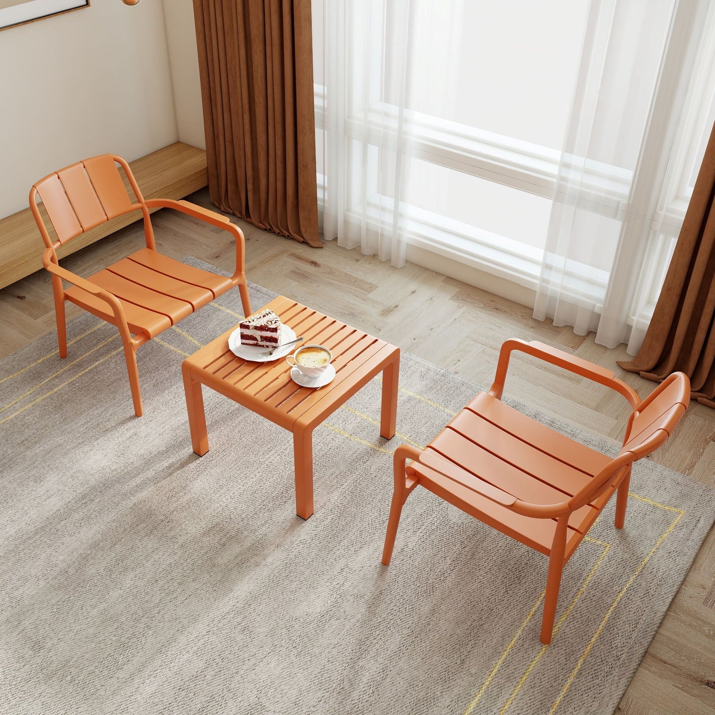 3 Piece Indoor Outdoor Table and Chair Set in orange by HouseOfZazla with slatted metal chairs on Tampa Home & Garden Store