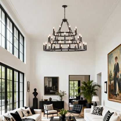39.37 Inch 3-Tier Wagon Wheel Chandelier black metal with candle bulbs HouseOfZazla on Tampa Home & Garden Store