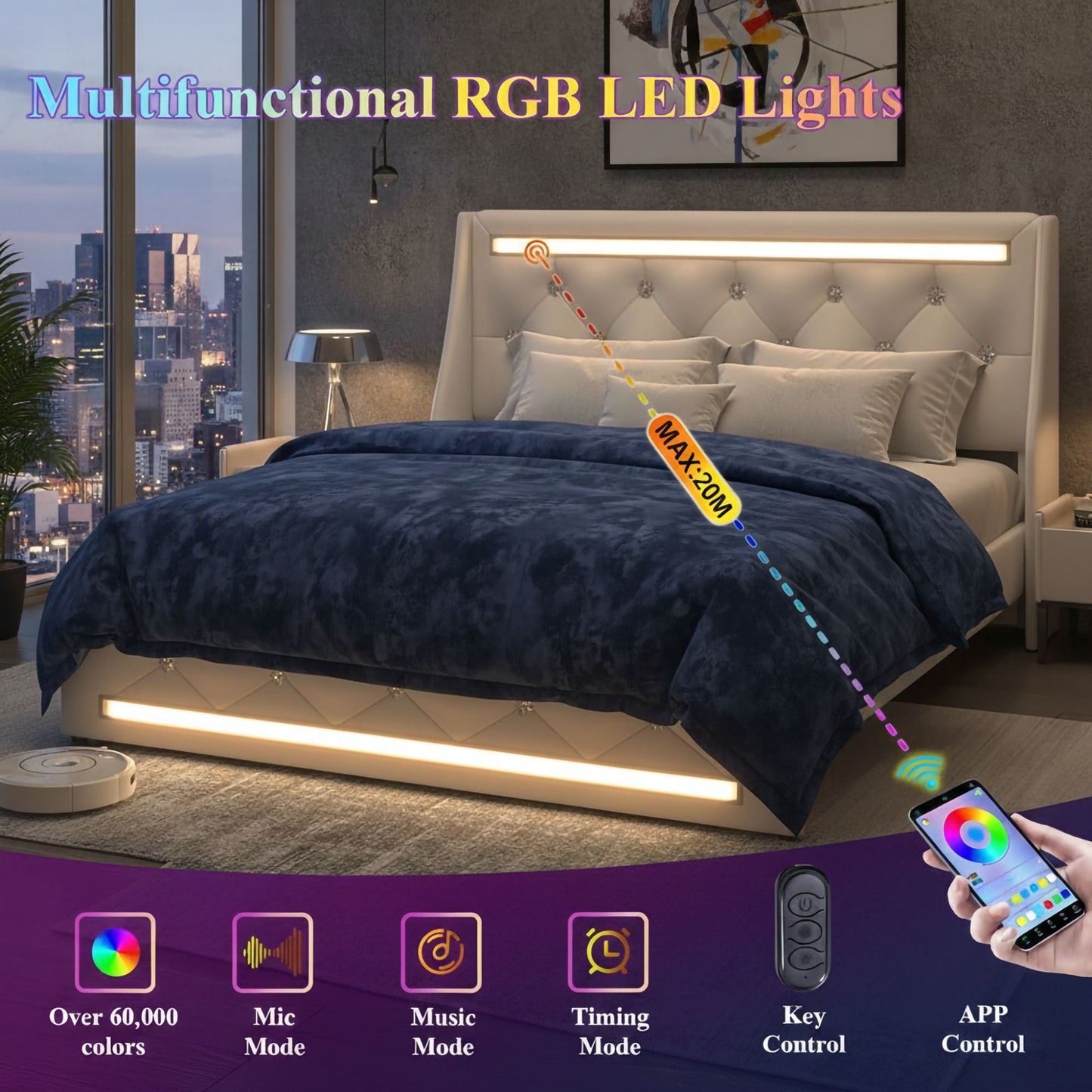 Wingback Upholstered Bed Frame Led and Usb
