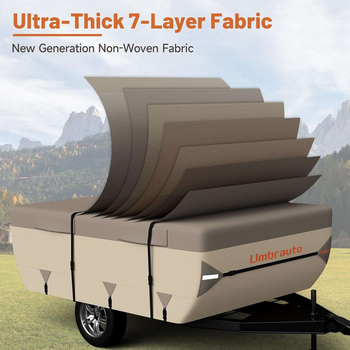 Umbrauto popup camper cover with upgraded 7-layer khaki fabric top and side panels on Tampa Home & Garden Store