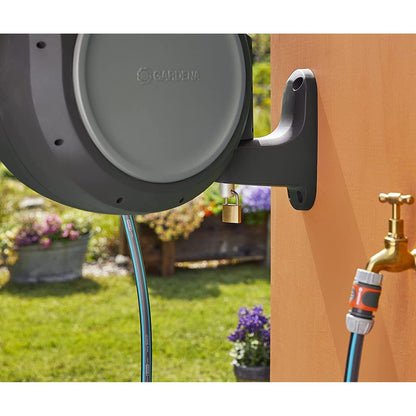 Gardena Retractable Hose Reel RollUp 75 ft, auto retracting and wall-mounted on Tampa Home & Garden Store
