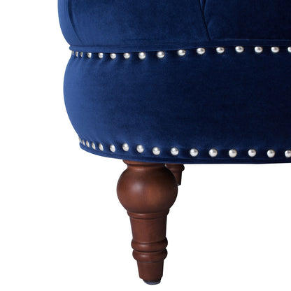 Blue velvet Victorian tufted accent chair with silver nailhead trim and turned wood leg on Tampa Home & Garden Store