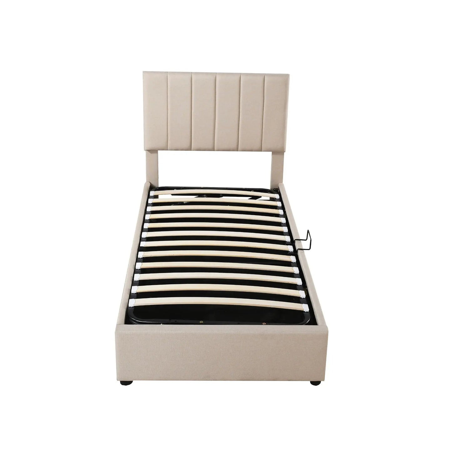 Upholstered platform bed with hydraulic storage, beige padded headboard and slatted base on Tampa Home & Garden Store