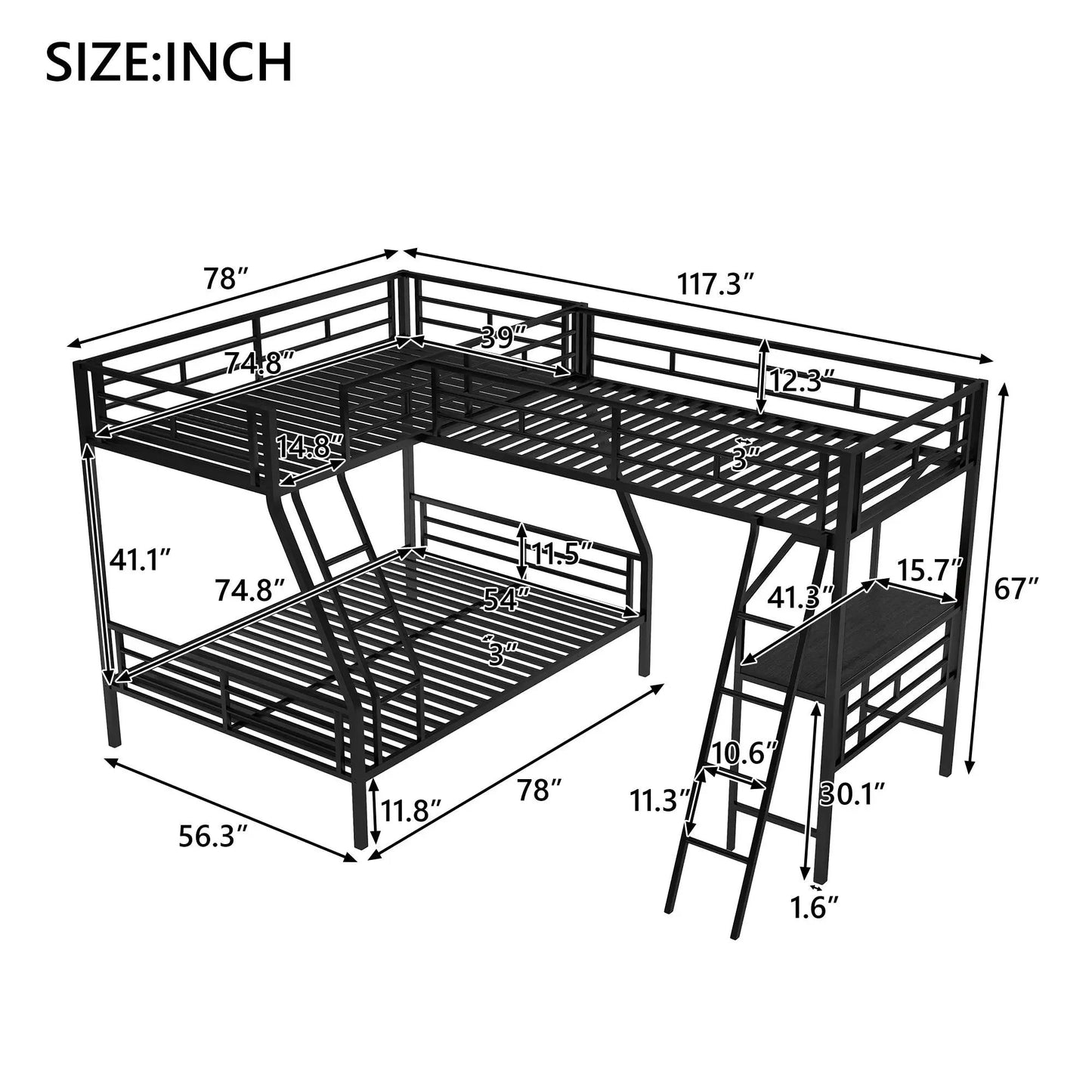 Twin Over Full Bunk Bed With Loft Desk L Shaped