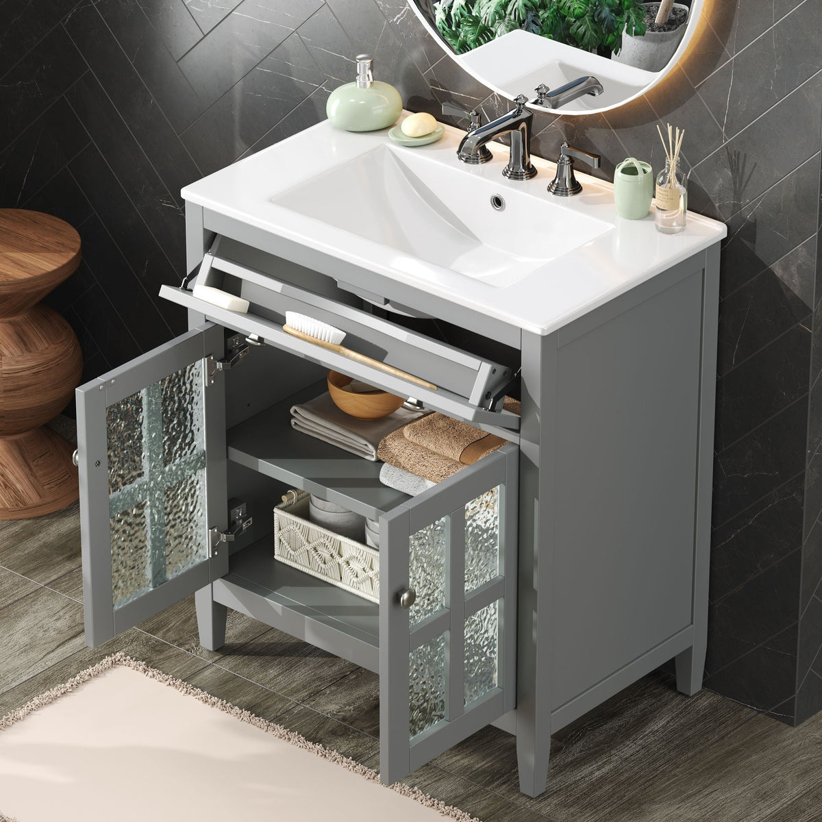 Gray bathroom vanity with ceramic sink and chrome faucet, adjustable shelf and tip-out tray on Tampa Home & Garden Store