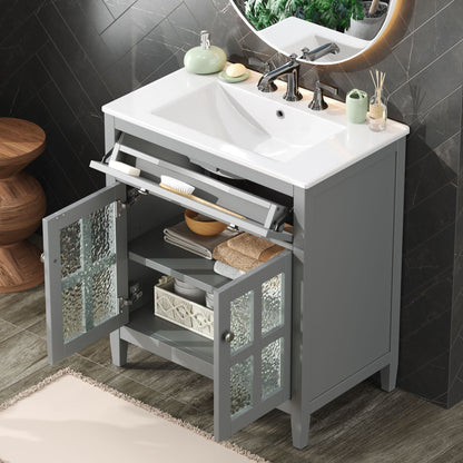 Gray bathroom vanity with ceramic sink and chrome faucet, adjustable shelf and tip-out tray on Tampa Home & Garden Store