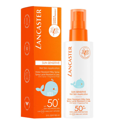 Lancaster Sun Sensitive Milky Spray for Kids SPF50 sunscreen bottle with orange box on Tampa Home & Garden Store