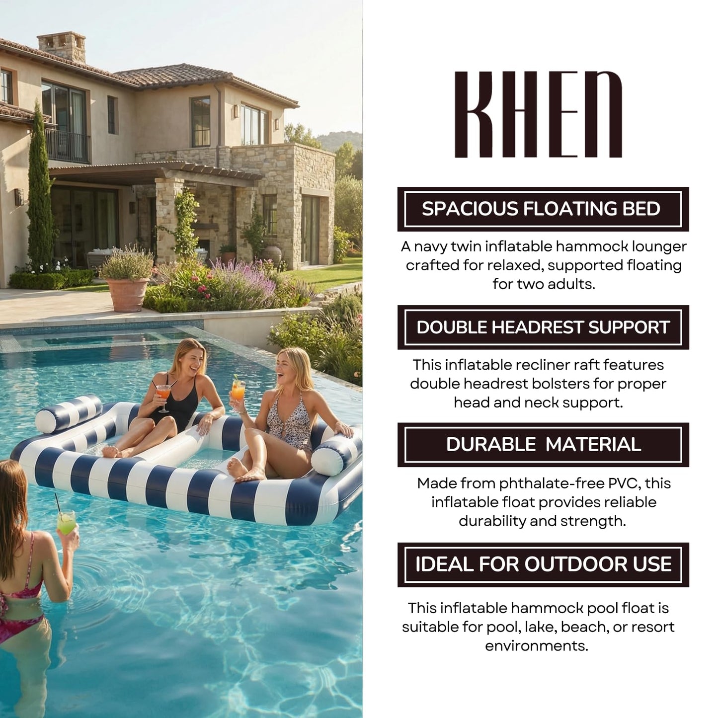 Navy Blue Twin Hammock Pool Float And Drink Cups