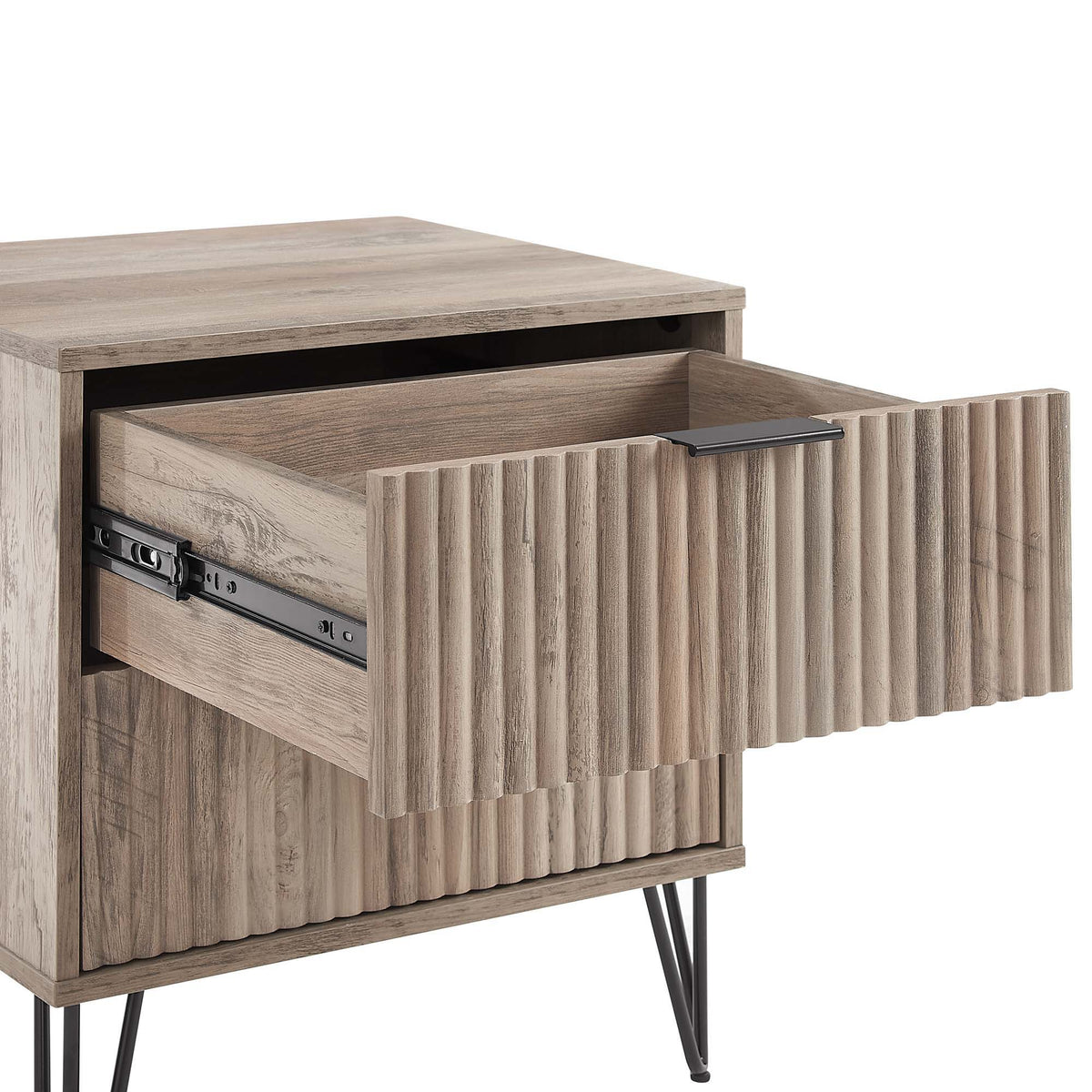 Dumbo Nightstand by HouseOfZazla with 2 drawers, fluted fronts, light wood finish, legs on Tampa Home & Garden Store