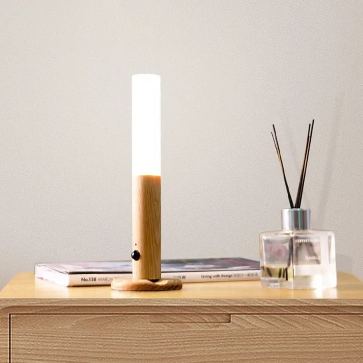 Rechargeable Motion Sensor Night Light – Magnetic Wooden Wall Lamp with white LED column on base on Tampa Home & Garden Store