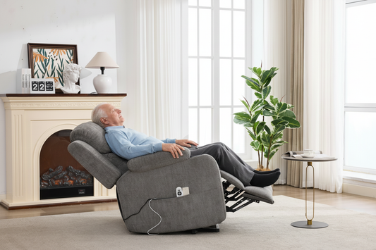 Infinite Position Power Lift Recliner Chair with massage and heating, footrest raised on Tampa Home & Garden Store