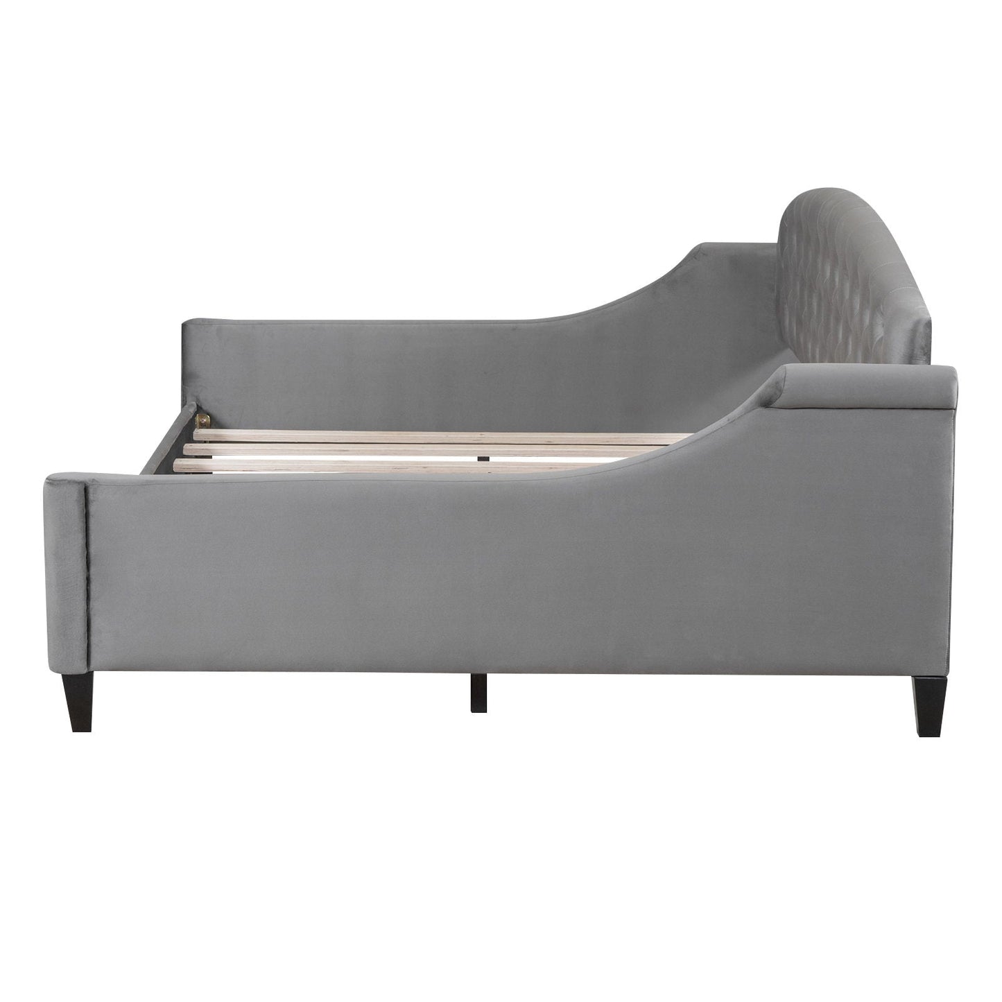 Modern Tufted Button Daybed gray velvet with curved tufted headboard and wood slat base HouseOfZazla on Tampa Home & Garden Store