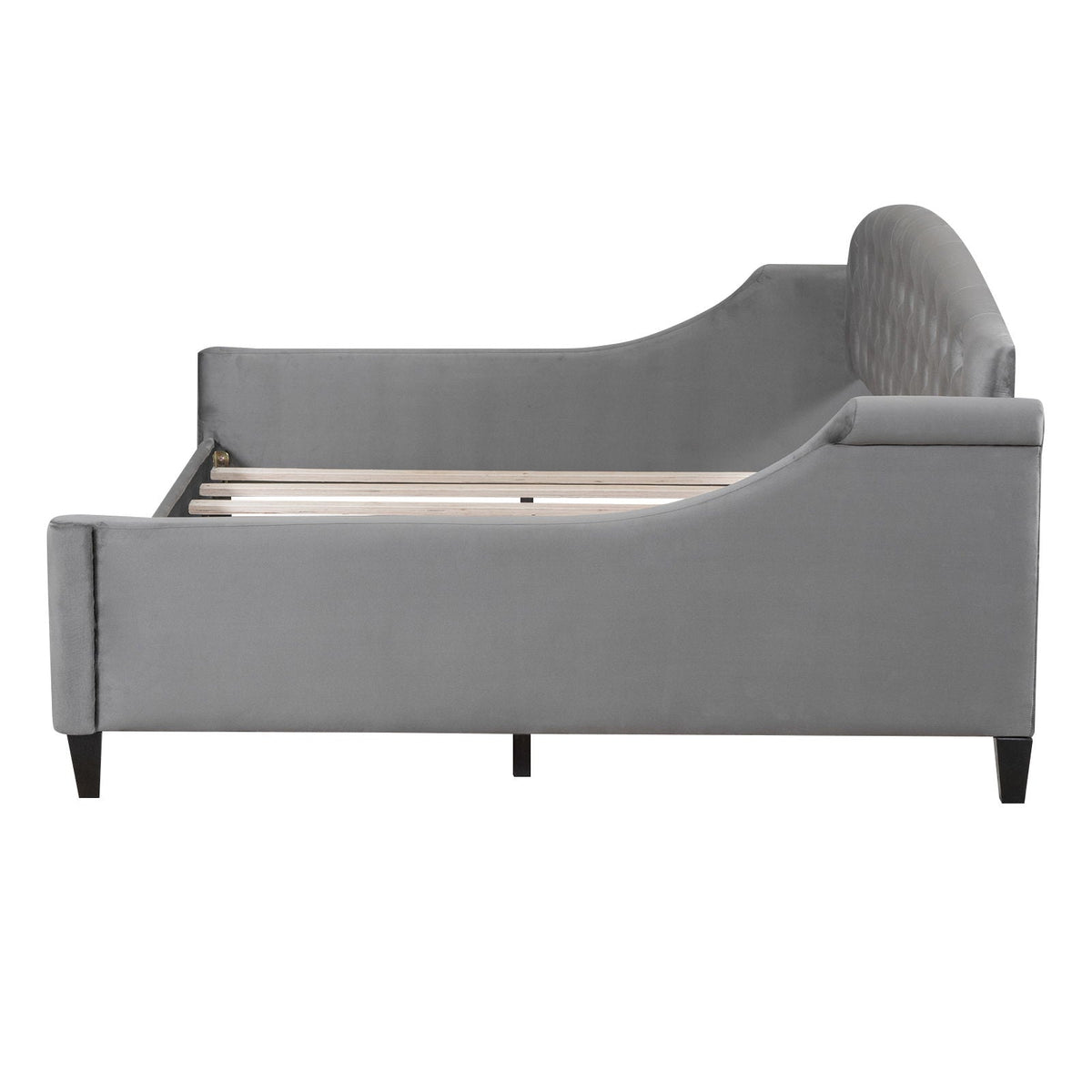Modern Tufted Button Daybed gray velvet with curved tufted headboard and wood slat base HouseOfZazla on Tampa Home & Garden Store