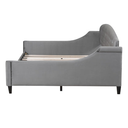 Modern Tufted Button Daybed gray velvet with curved tufted headboard and wood slat base HouseOfZazla on Tampa Home & Garden Store