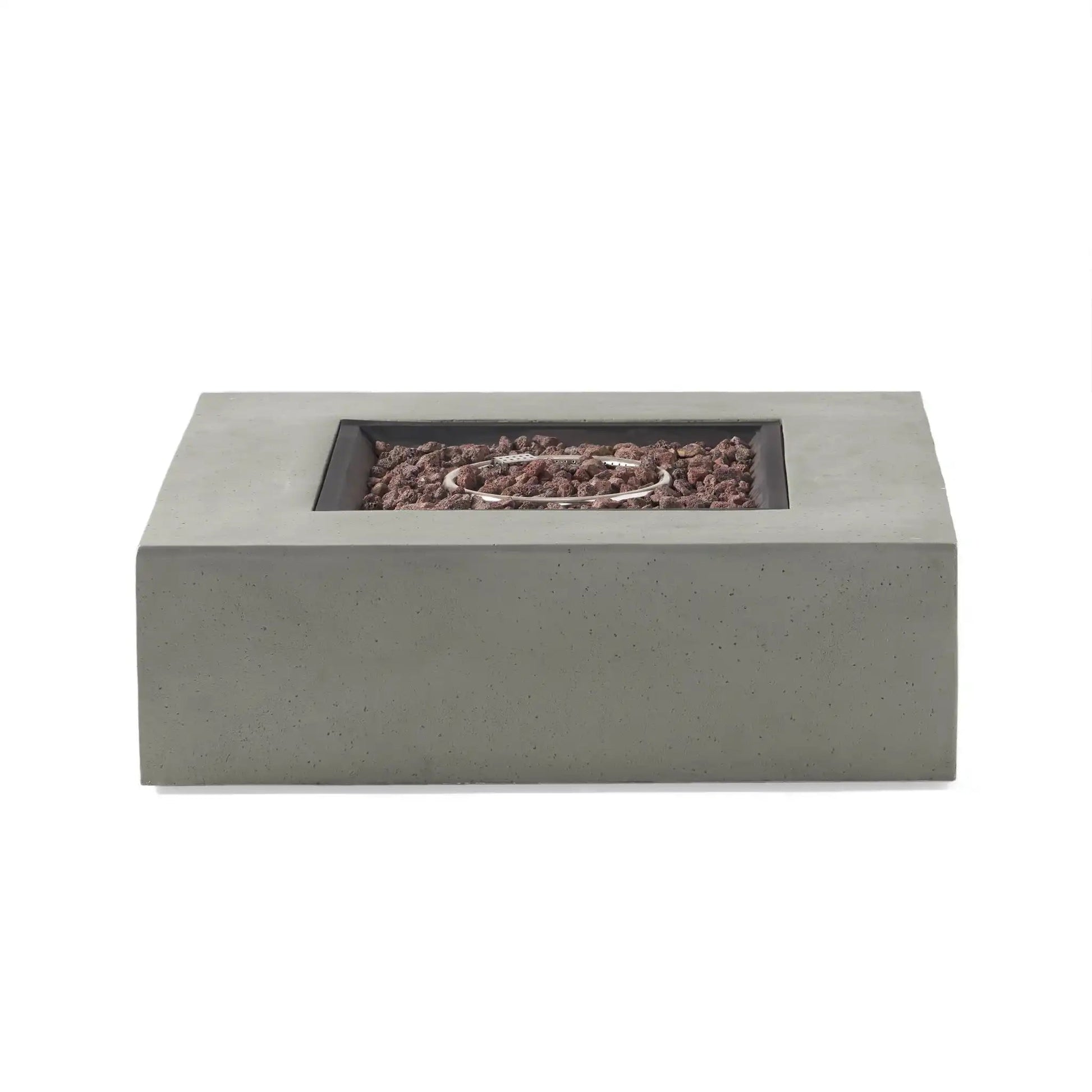 Modern square concrete fire table with 50,000 BTU propane burner, lava rock bed on Tampa Home & Garden Store