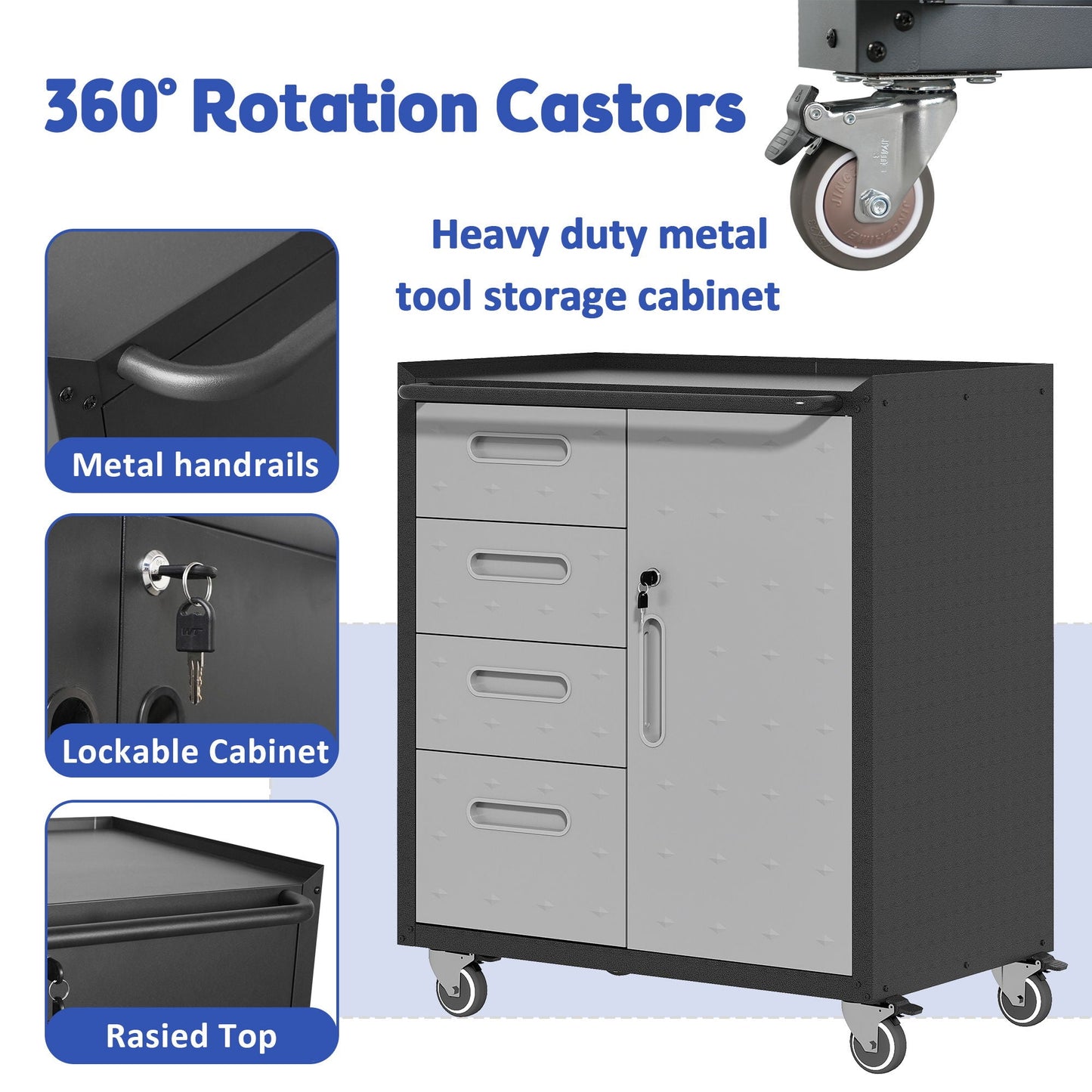 Sturdy metal tool storage cabinet on wheels with lockable doors in gray steel on Tampa Home & Garden Store