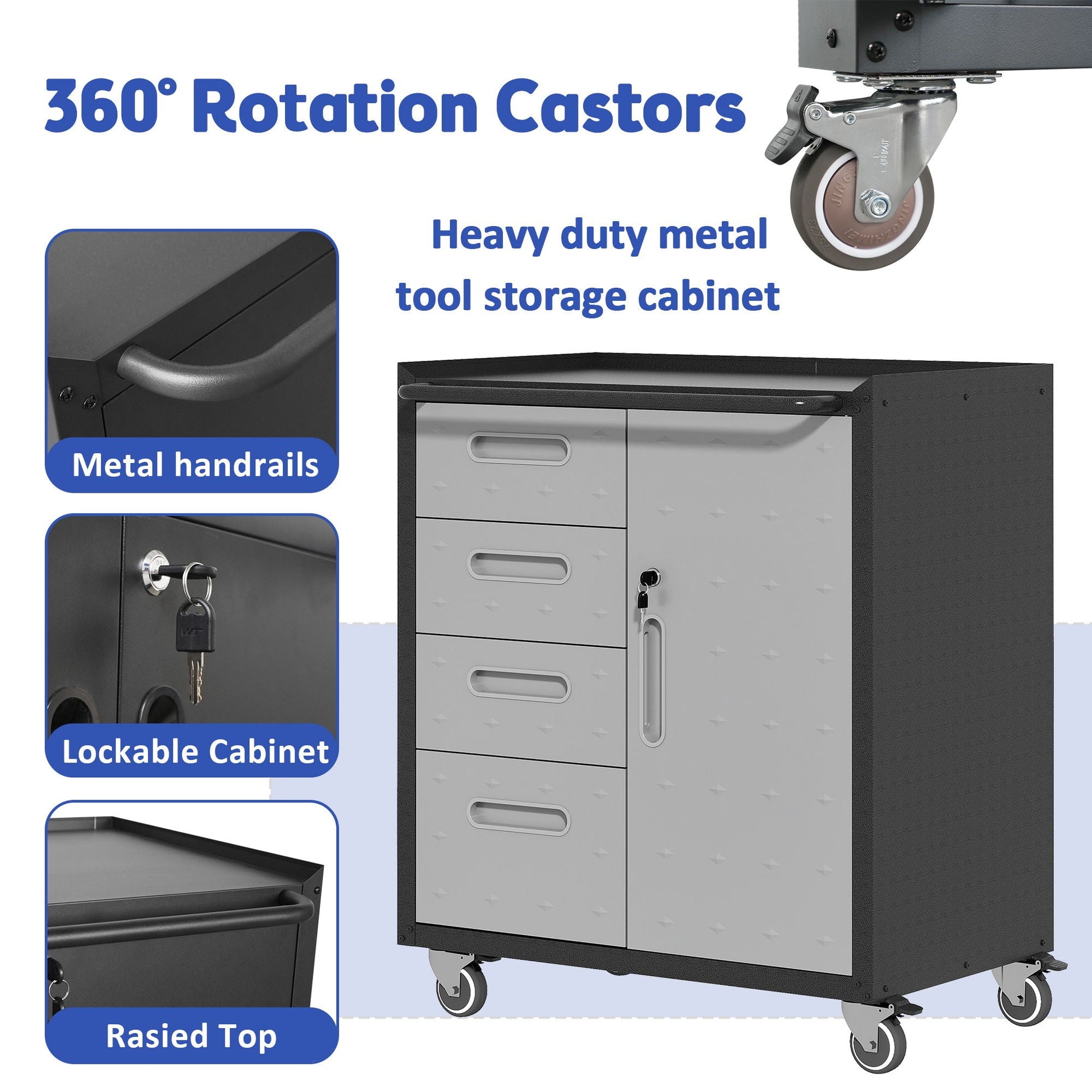 Sturdy metal tool storage cabinet on wheels with lockable doors in gray steel on Tampa Home & Garden Store