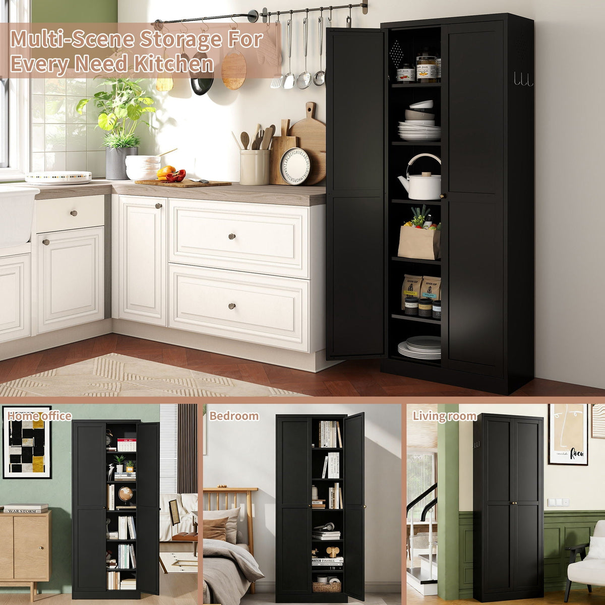 Kitchen pantry cabinet with 4 adjustable shelves, heavy-duty freestanding organizer in black on Tampa Home & Garden Store