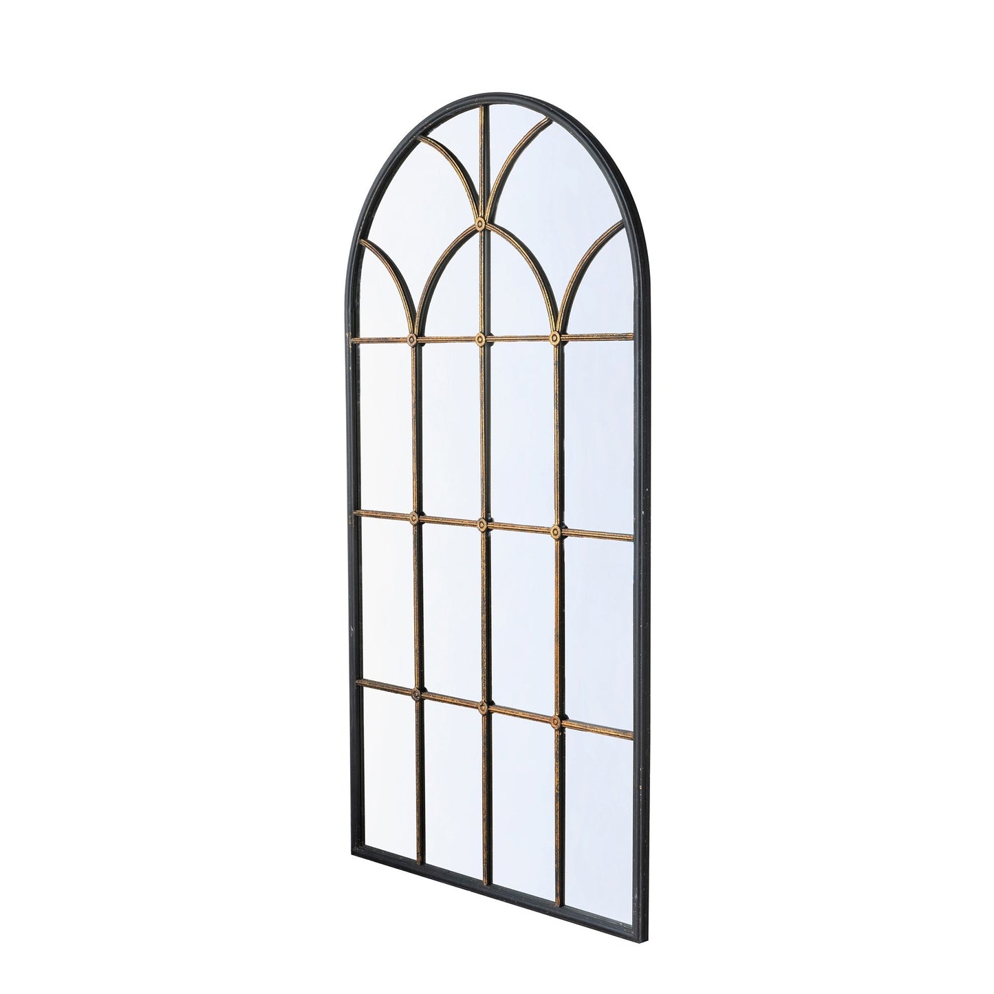 34x65.5in arched full-length mirror with black frame and antique gold windowpane grille on Tampa Home & Garden Store