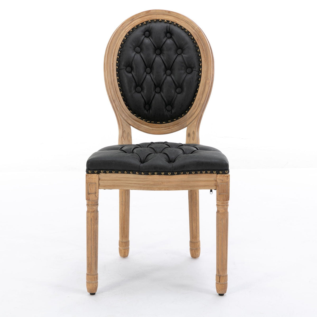 French style solid wood dining chair with black tufted leather and nailhead trim round back on Tampa Home & Garden Store
