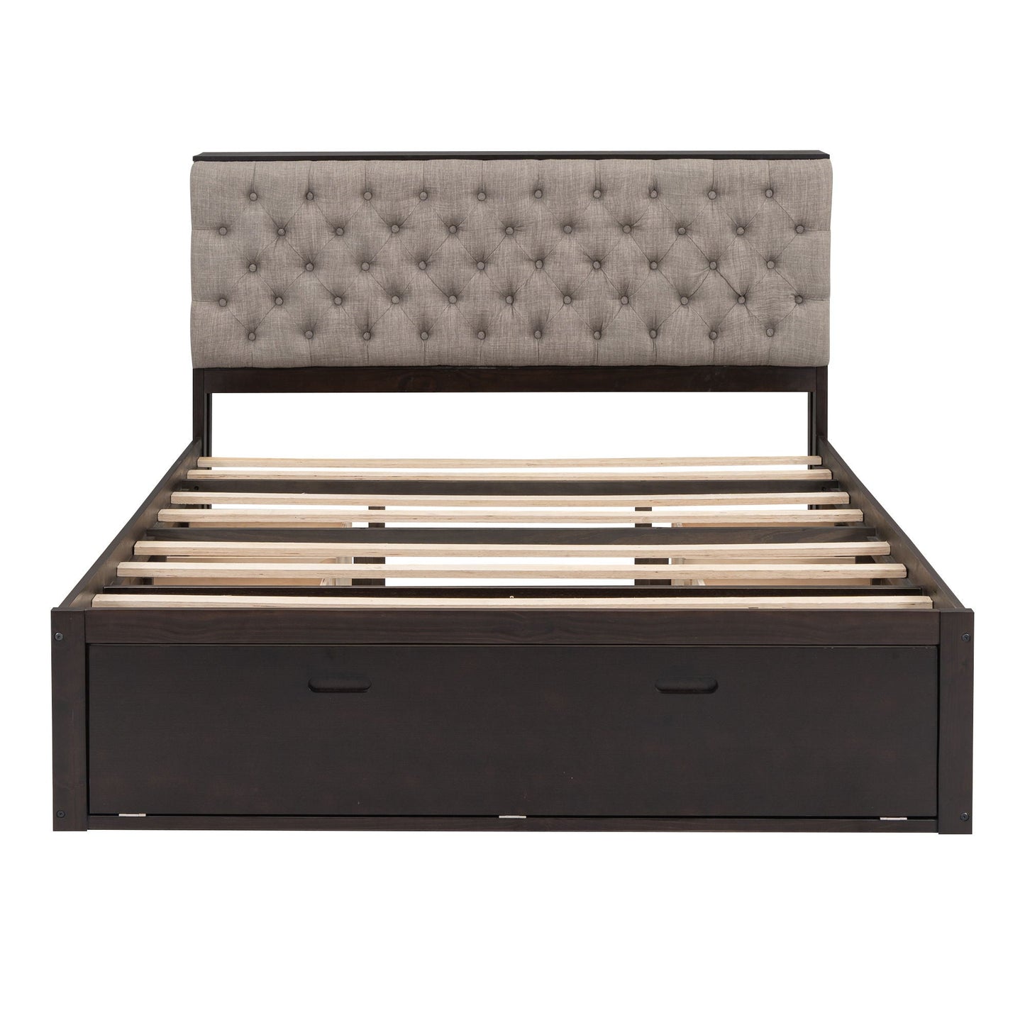 Platform bed with beige tufted storage headboard and dark wood frame with 4 drawers on Tampa Home & Garden Store