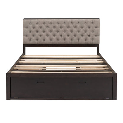 Platform bed with beige tufted storage headboard and dark wood frame with 4 drawers on Tampa Home & Garden Store