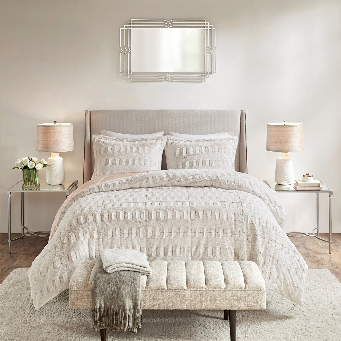 King/Cal King Back Print Long Fur Comforter Mini Set by HouseOfZazla in ivory with plush textured fur quilting on a neutral bed on Tampa Home & Garden Store