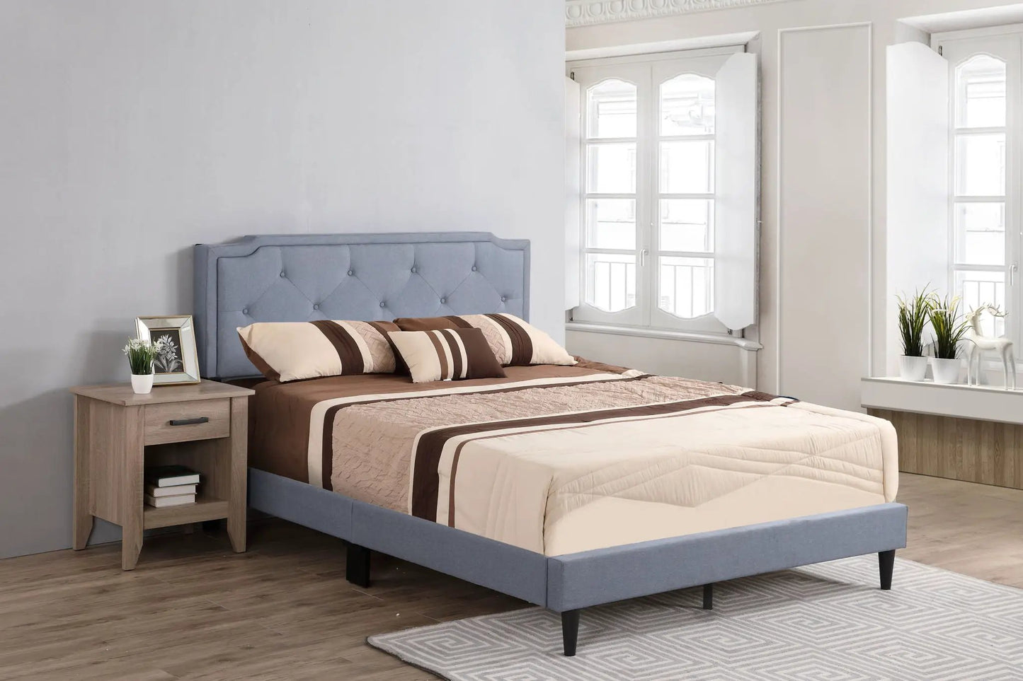 Button Tufted Bed blue upholstered headboard by Unique Piece Furniture with brown beige bedding on Tampa Home & Garden Store