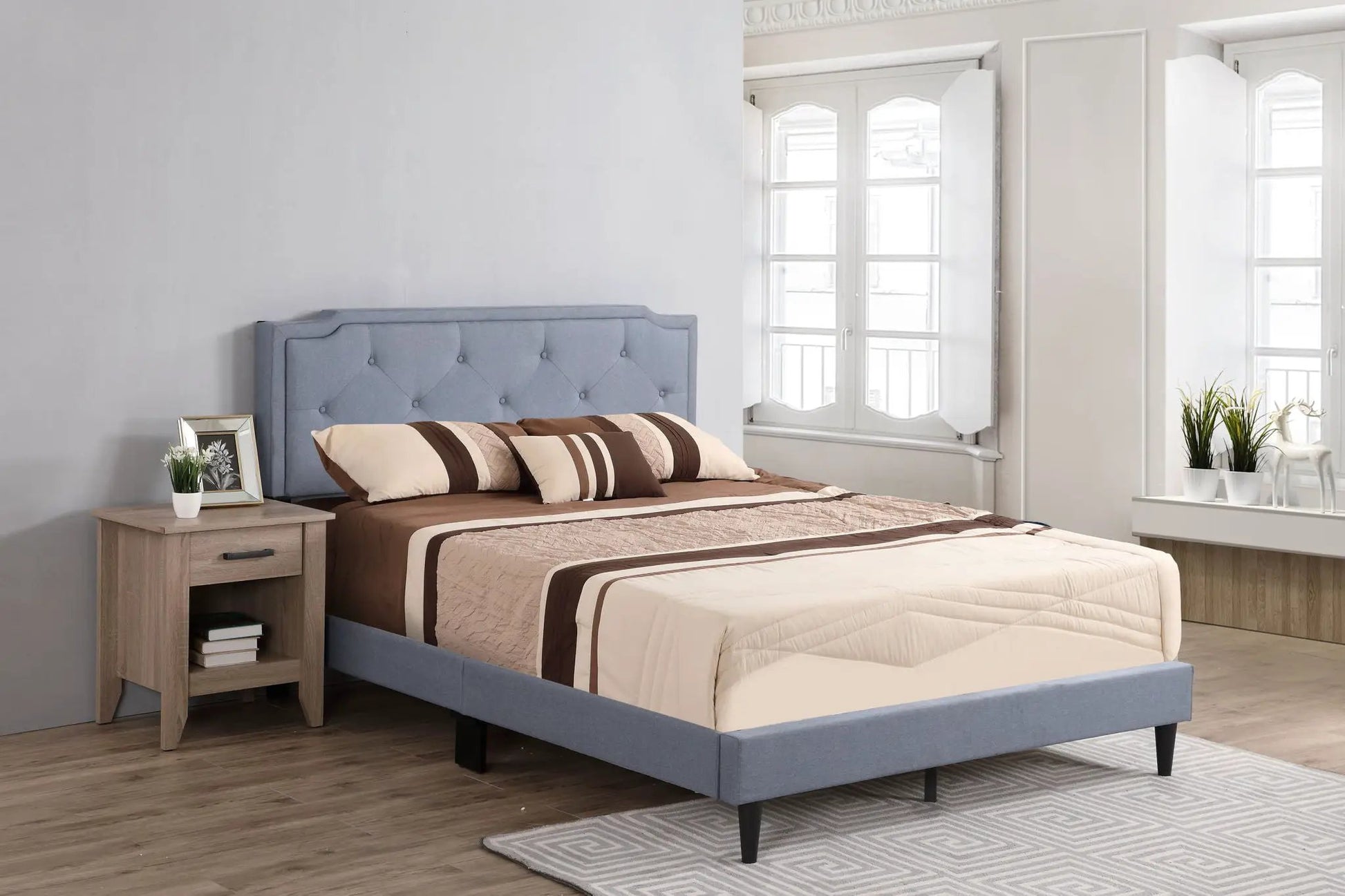 Button Tufted Bed blue upholstered headboard by Unique Piece Furniture with brown beige bedding on Tampa Home & Garden Store
