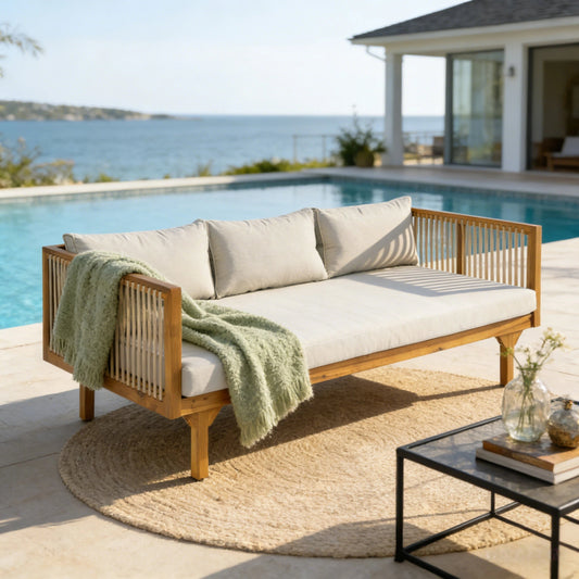 Outdoor Patio Sofa HouseOfZazla natural wood frame beige cushions by poolside with ocean view on Tampa Home & Garden Store