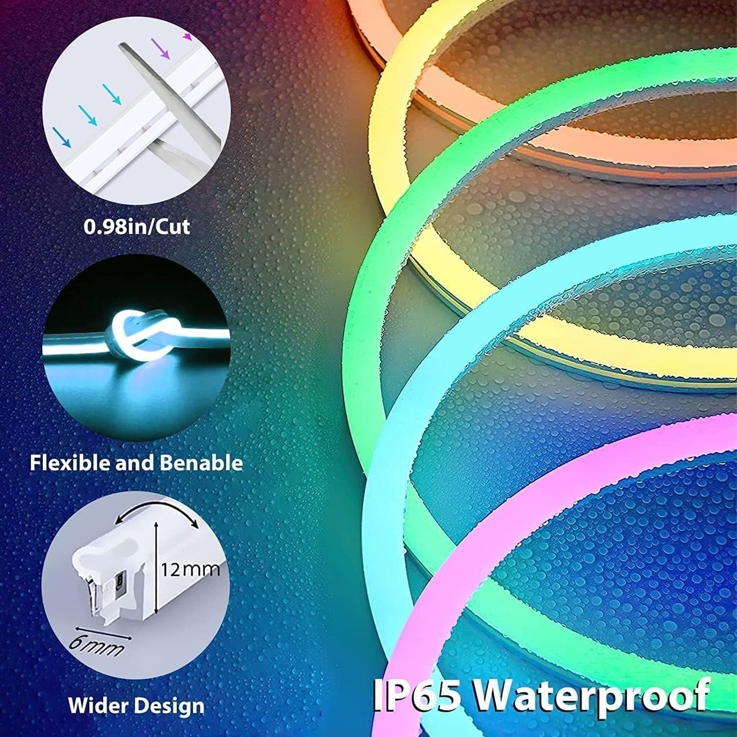 SLNR04 Dotless COB Smart Bluetooth RGB Neon LED Strip Light DC24V 2.2W/ft IP65 Outdoor Rated Dimmable Low Voltage Silicone Rope Light with Mounting Clips and Screws