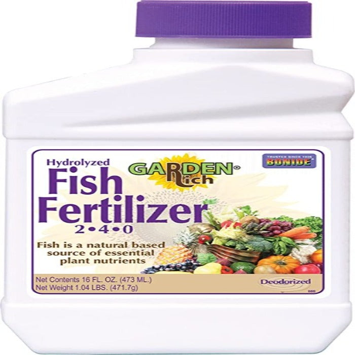 Bonide Fish Emulsion 2-4-0 fertilizer bottle, white container with purple cap, home & garden on Tampa Home & Garden Store