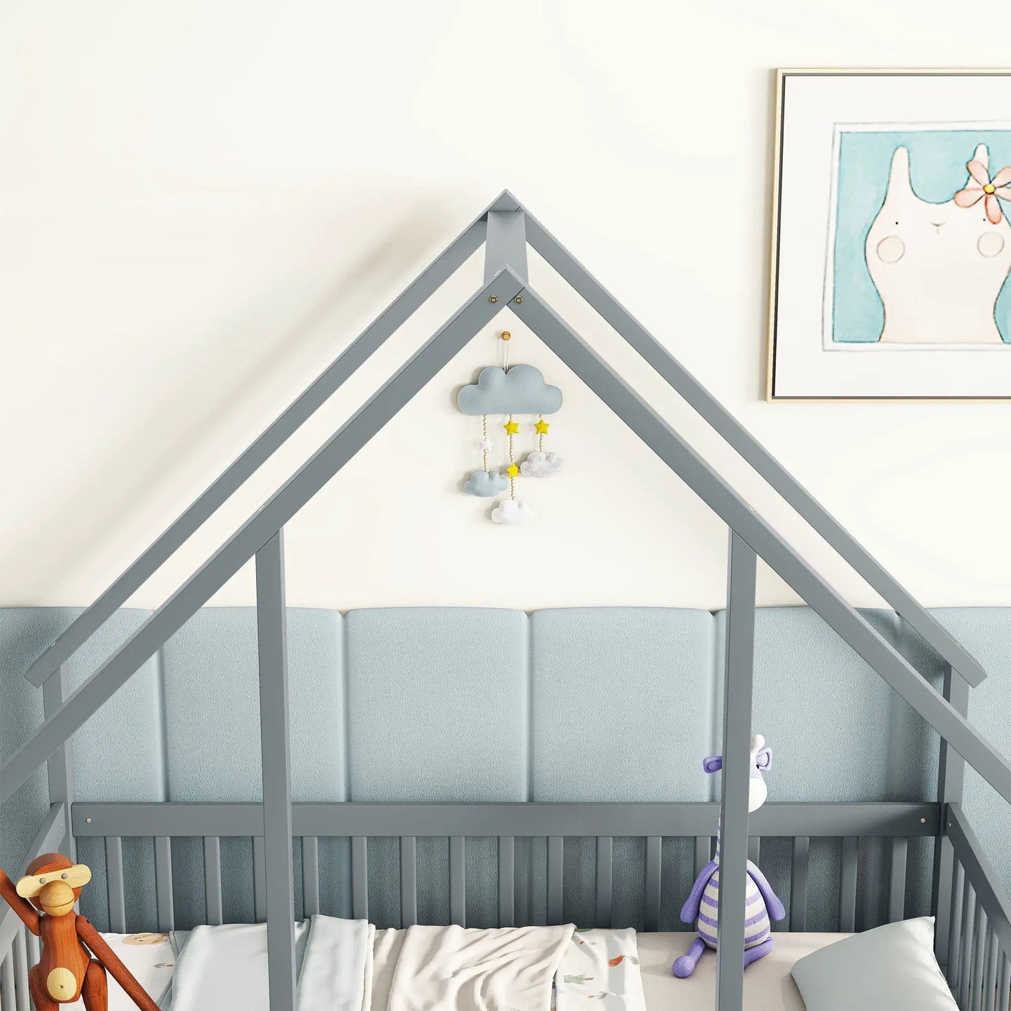 Wood house-shaped floor bed with fence and guardrails for toddlers, gray Unique Piece Furniture on Tampa Home & Garden Store