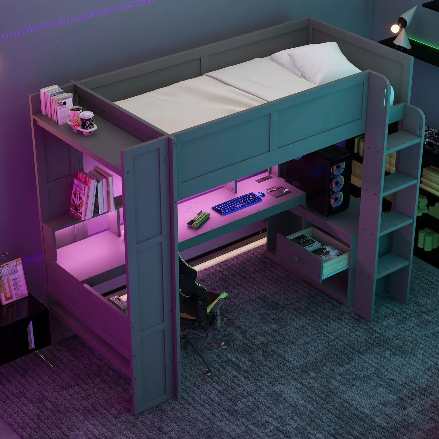Gaming loft bed with desk by Unique Piece Furniture, teal finish with LED lighting on Tampa Home & Garden Store