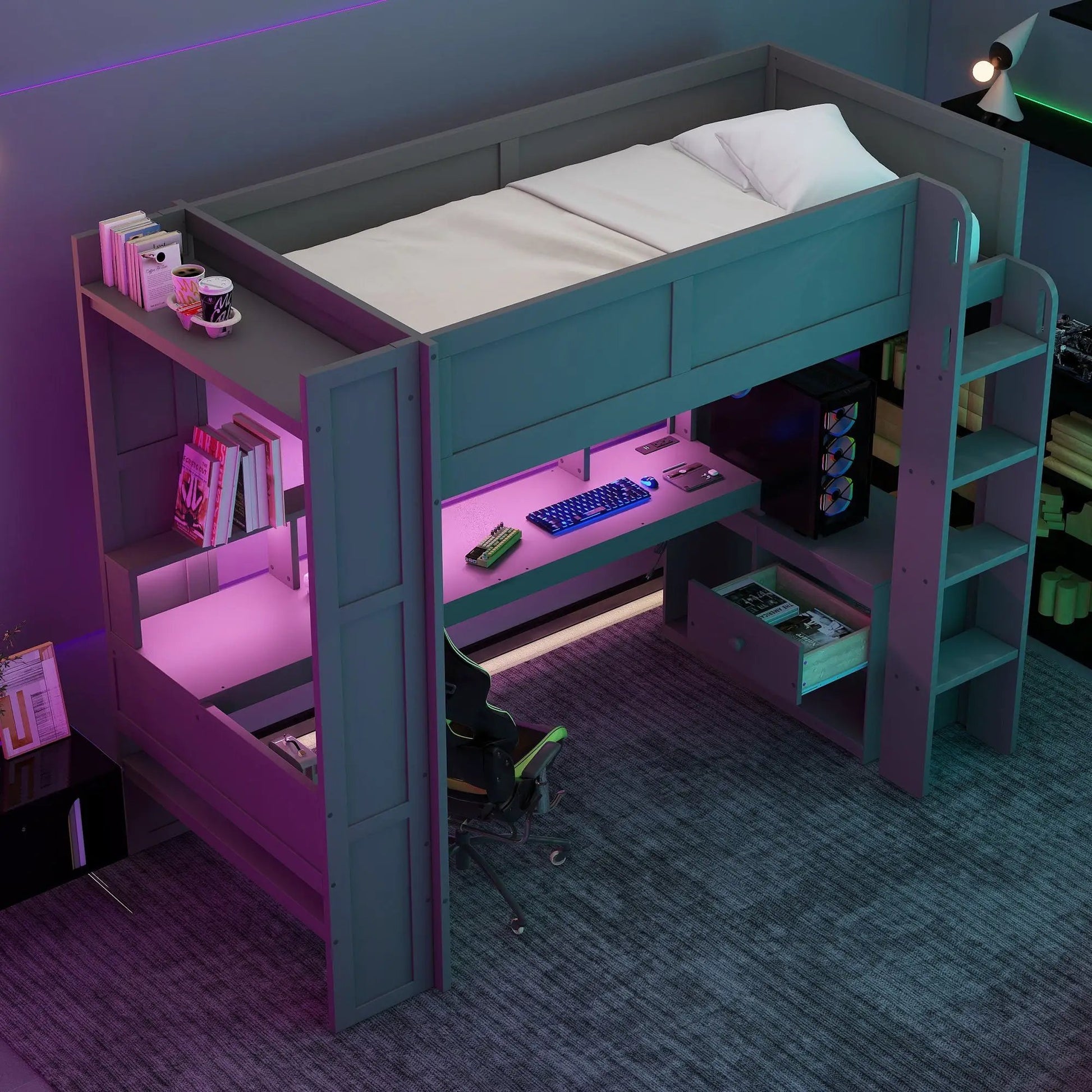 Gaming loft bed with desk by Unique Piece Furniture, teal finish with LED lighting on Tampa Home & Garden Store