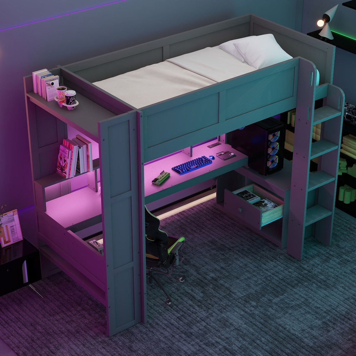 Gaming loft bed with desk, multi storage shelves, LED and charging station by HouseOfZazla on Tampa Home & Garden Store