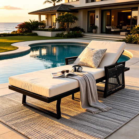 Black iron outdoor chaise lounge with cream cushion poolside on Tampa Home & Garden Store