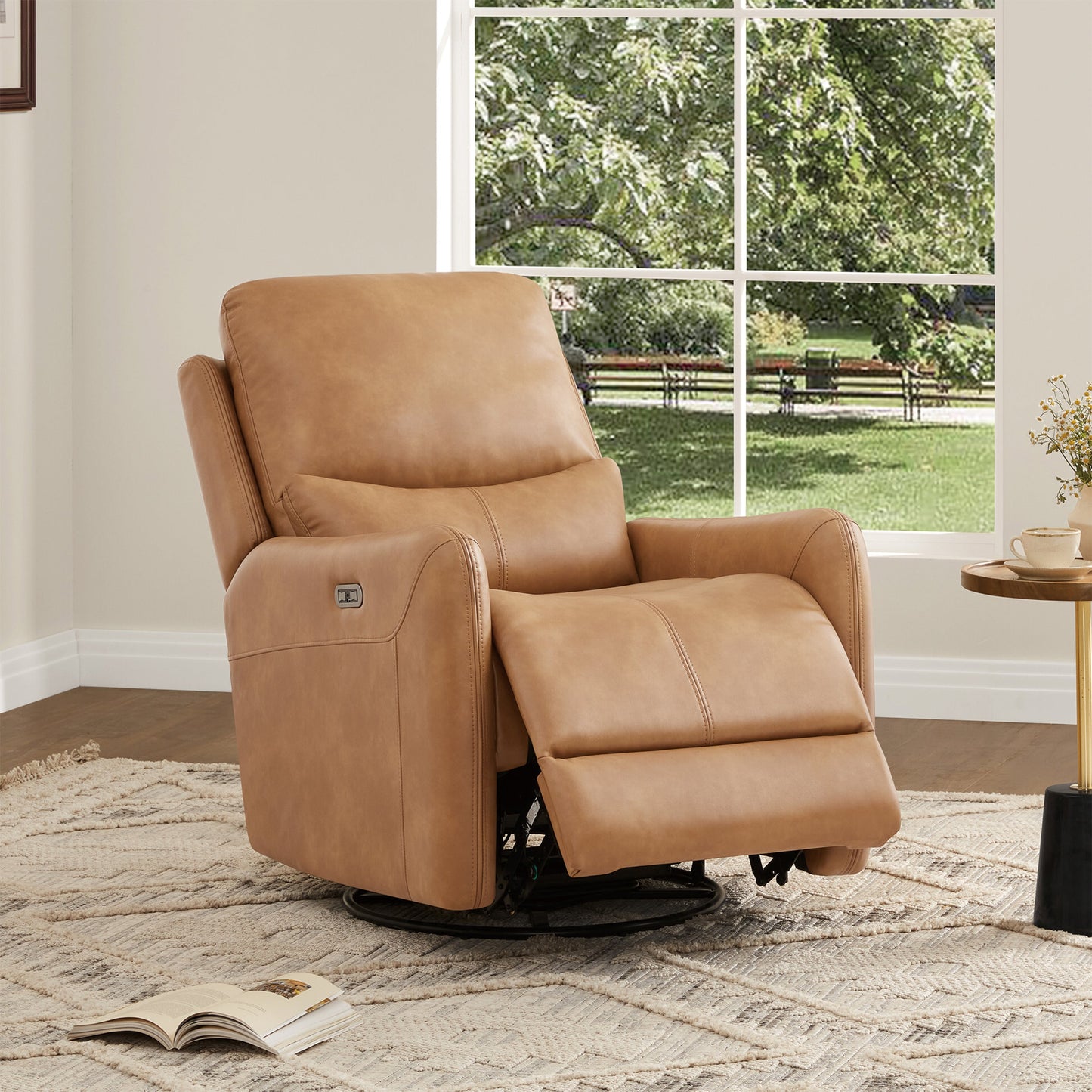 Dublin 30in Saddle Brown Swivel Power Recliner by HouseOfZazla with footrest on Tampa Home & Garden Store